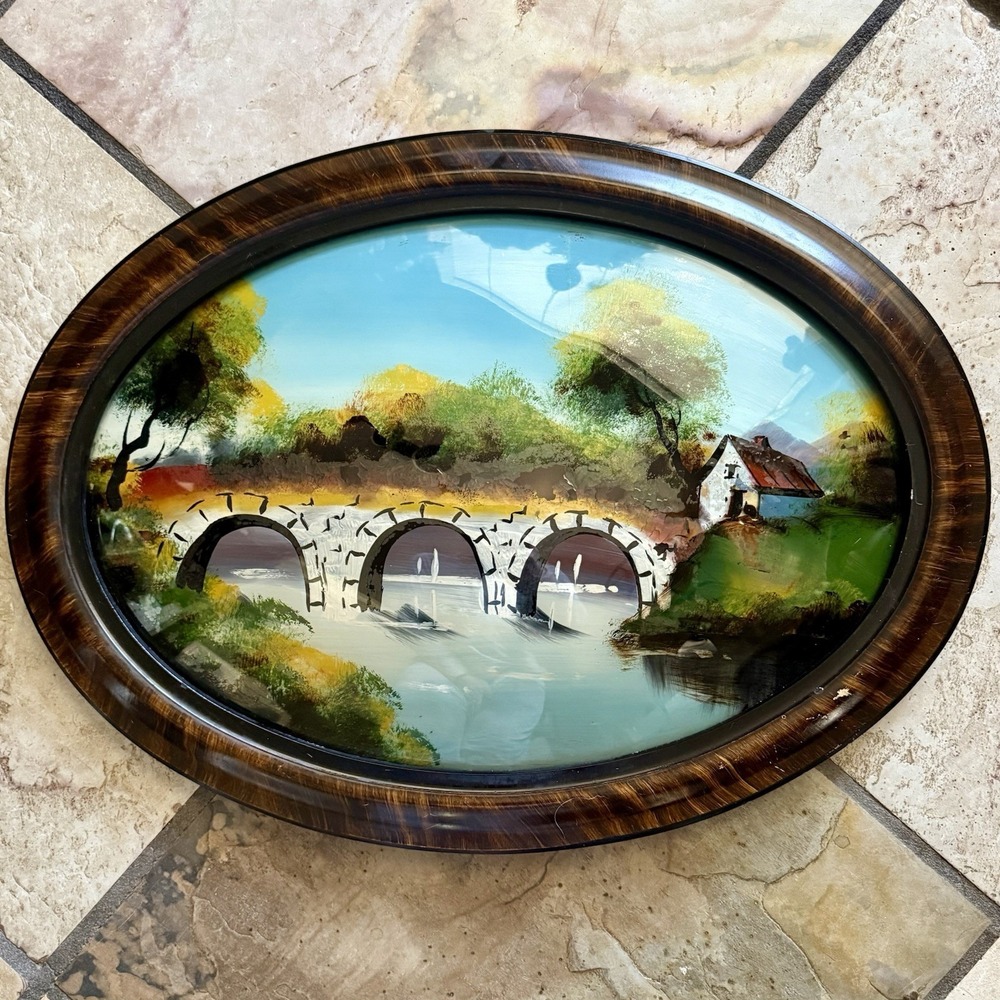 VTG Antique Oval Tiger Striped Convex Bubble Glass Reverse BRIDGE Painting 22x16